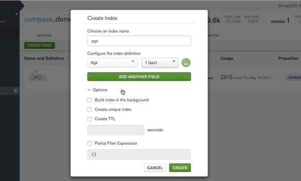 MongoDB Compass索引使用界面1